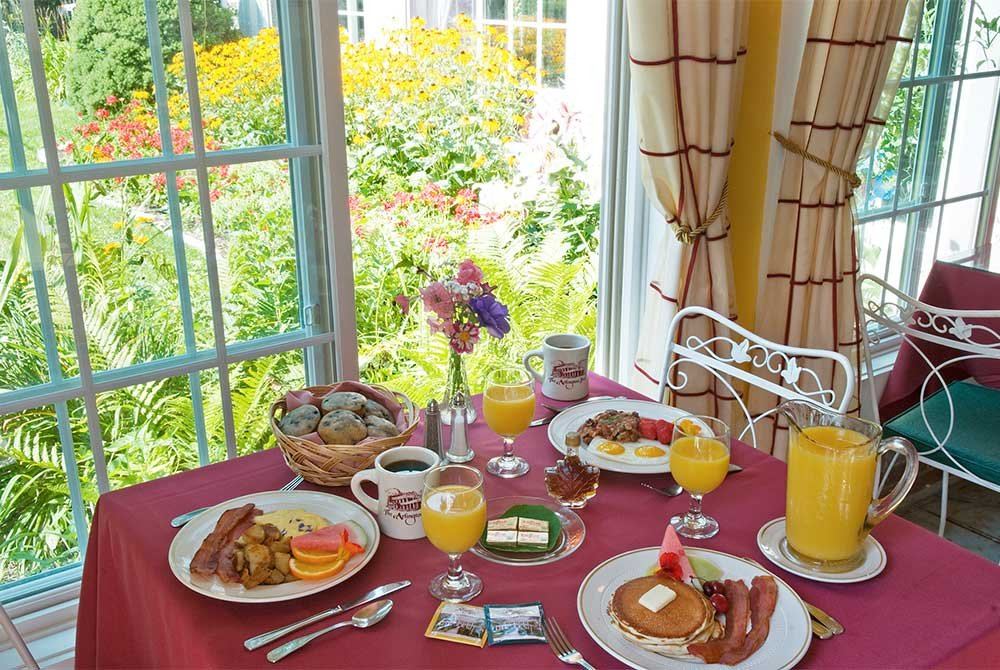 Breakfast table set in the sunny garden solarium